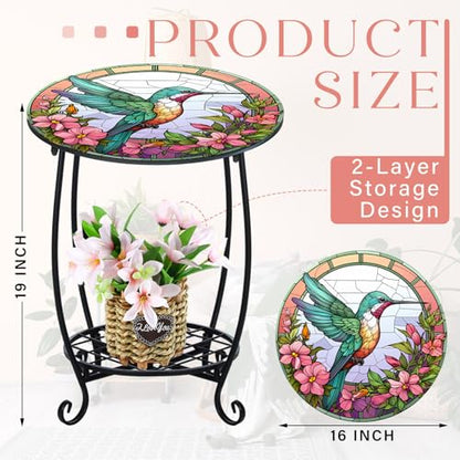 Cinnvoice Outdoor Side Table Round Small Mosaic Patio Accent Indoor End Plant Coffee Tea Table for Yard Patio Porch Garden Living Room, Bedroom(Hummingbird Style,16 Inch) - size: 16 Inch, style: Hummingbird Style