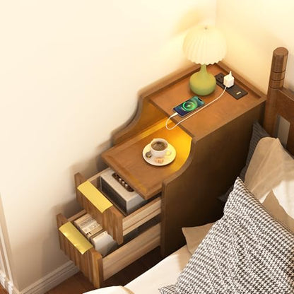 9.7" Narrow Nightstand Set of 2, Solid Wood Nightstand with Charging Station - color: Walnut 2 Pcs