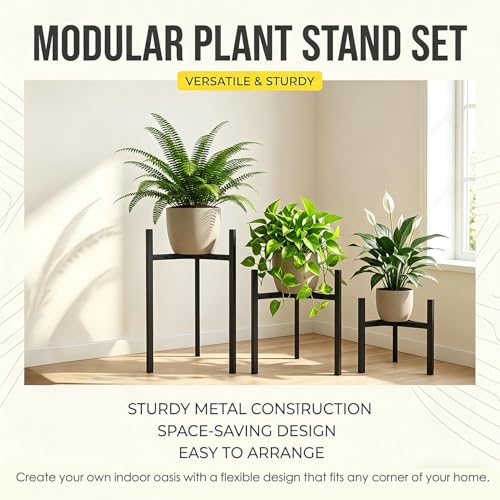 3-Pack Metal Plant Stands Indoor, Adjustable Flower Pot Holder Set, Modern Plant Shelf for Living Room Balcony Patio Office Corner (Fits 8-12 Inch Pots)