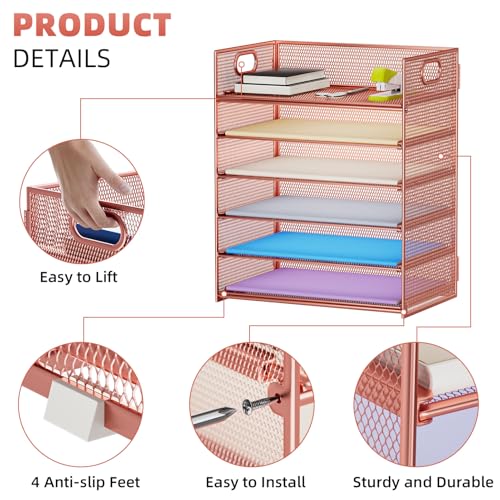 Marbrasse 2 Pack Desk Organizer with Handle, 6 Tier Paper Letter Tray, Mesh Desk File Organizer for Office, School and Home - Rose Gold - color: Rose Gold - 2p