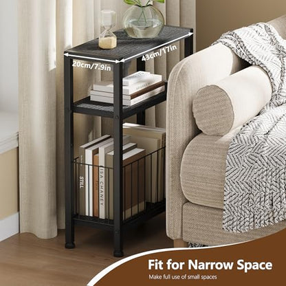 Heybly Small Narrow Side Table for Small Space, Thin Bedside TableHET007BK1 | Thin Bedside Table with Storage Basket, Slim Nightstand, Couch Table for Living Room, Bedroom, Study, Balcony, Black - color: Black-diy Basket