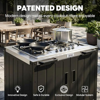 Feasto Outdoor Kitchen Island with Propane Gas Stove and Storage Cabinet, 35-Inch Outdoor Cooking Station with 304 Stainless Steel Top & Lockable Wheels for Backyard Patio, Black & Silver - size: Outdoor Gas Stove