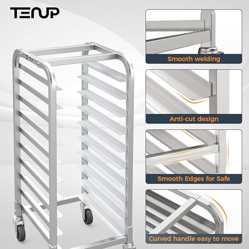 TenUp 10-Tier Half Size Sheet Pan Rack, Heavy-Duty Aluminum Bakery Rack with Wheels – Commercial Cooling & Storage Cart – 18" L x 15.5" W x 36" H - size: Half Size 10-Tier