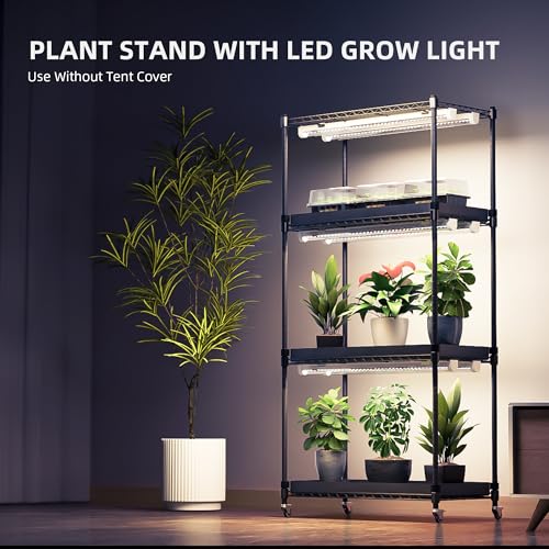Spider Farmer 4 Tier Plant Stand with Grow Lights Indoor Greenhouse Shelf | 120W Full Spectrum LED Grow Lights, Grow Tent Cover with Visual Curtain and Blackout Curtain, Waterproof Trays, Movable Wheel - size: M-28x14x59in