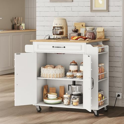 RALGEND Kitchen Island with Power Outlets & Drop Leaf, Rolling Kitchen Cart on Wheels, Kitchen Storage Island with Spice Rack and Drawer, Mobile Island Table for Kitchen, Dinning, White and Natural - color: White + Natural