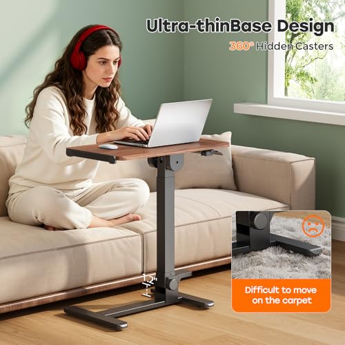 Foldable Mobile Standing Desk, 27 Inch Small Rolling Laptop Cart Height Adjustment, 90° Tiltable Bedside Table, No Assembly Needed Portable Computer Workstation, Dark Wood - color: Dark Wood