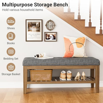 YaFiti End of Bed Storage Bench, 42.9" Entryway Shoe Bench with Solid Wood Shelf, Upholstered Ottoman with Padded Seat for Bedroom, Hallway and Lining Room, Dark Gray - color: Dark Gray