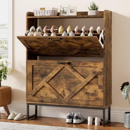 Nicetree Shoe Storage Cabinet with 2 Flip Drawers, Freestanding Wood Shoe Organizer with Metal Legs, Farmhouse Slim Shoe Rack for Entryway, Foyer, Hallway, Rustic Brown - color: Rustic Brown