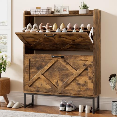 Nicetree Shoe Storage Cabinet with 2 Flip Drawers, Freestanding Wood Shoe Organizer with Metal Legs, Farmhouse Slim Shoe Rack for Entryway, Foyer, Hallway, Rustic Brown - color: Rustic Brown
