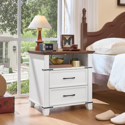22" Farmhouse Nightstand Set of 2 with Charging Station,End Table with 2 Drawers,Rustic Wood Dresser for Bedroom,Bed Side Table Chest of Drawers Cabinet,Night Stand for Living Room,White - color: White