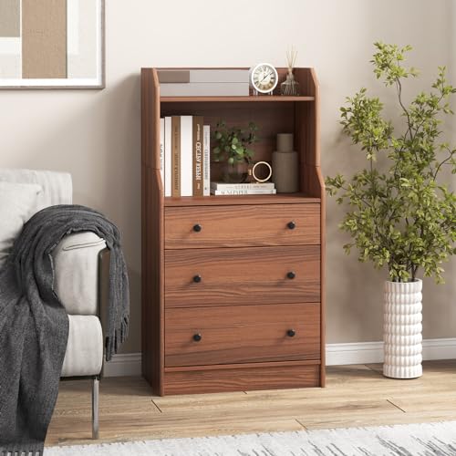 LDAILY Moccha 3 Drawers Dresser with Shelf, Modern Dresser Tower with 2 Open Shelves, Chest of Drawers with Anti-toppling Device, Tall Storage Dresser Nightstand, Living Room, Walnut - color: Walnut