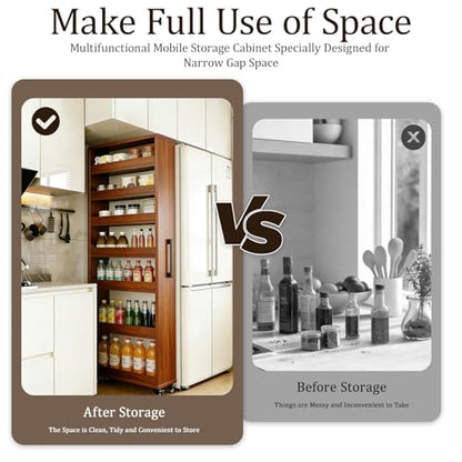 Rolling Spice Rack Next to Side of Fridge Storage Slim Narrow Shelf Lightweight 7 Tier Wooden Storage Cart for Kitchen, Dining Room, Bathroom, Small Spaces (Teak, 72.4" H x 9.8" W x 21.6" D) - color: Teak