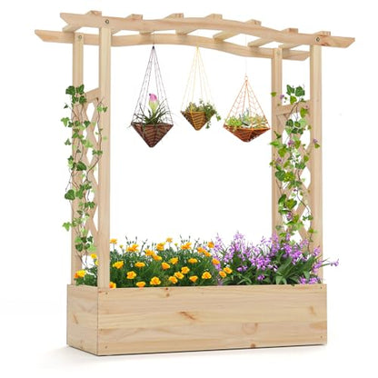 Giantex Raised Garden Bed with Trellis & Hanging Roof, Wooden Elevated Planter Box with Drainage Hole, Freestanding Gardening Planter Raised Bed for Flowers Herbs Climbing Plants Vines, 44”x14”x45” - color: Natural, size: 44”x14”x45”