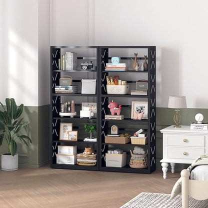 Polup Bookshelf, 5 Tier Metal Bookcase with Adjustable Shelves, Tall White Book Shelf with Bookends, Black Display Shelves for Living Room, Home Office, Library - color: Black, size: 5 Tier-23" W