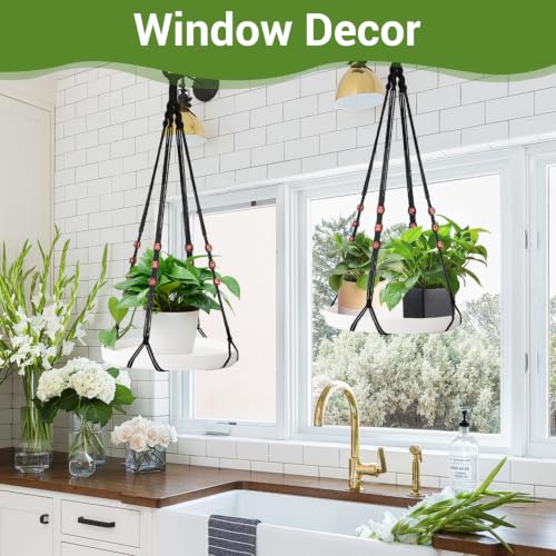 GREANER 2 Sets Hanging Plant Shelf, Black Indoor Hanging Plant Stand with Large Plastic Tray, Flower Pot Holder for Succulents, Cacti, Small Plants - color: White