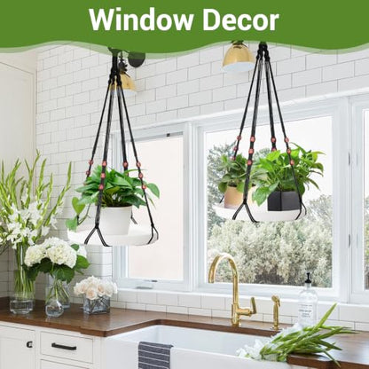 GREANER 2 Sets Hanging Plant Shelf, Black Indoor Hanging Plant Stand with Large Plastic Tray, Flower Pot Holder for Succulents, Cacti, Small Plants - color: White
