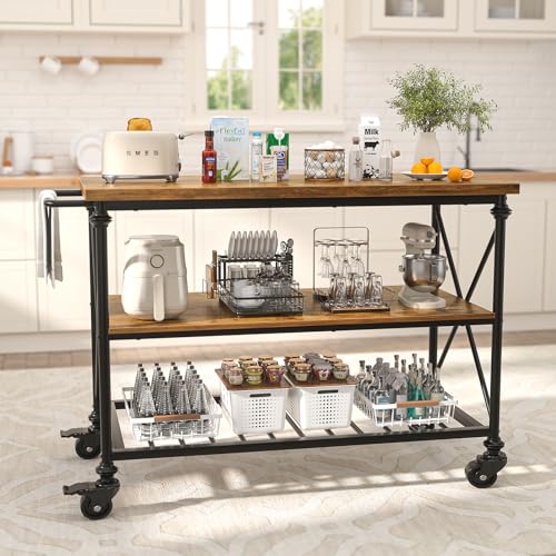 Homieasy Kitchen Island Cart with Wheels, 3-Tier Wood and Metal Rolling Kitchen Island Table with Pipe Legs, Storage Shelves & Lockable Casters for Kitchen Dining Room, Rustic Brown - color: Rustic Brown