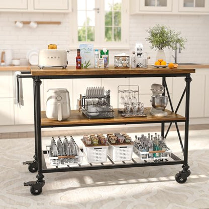 Homieasy Kitchen Island Cart with Wheels, 3-Tier Wood and Metal Rolling Kitchen Island Table with Pipe Legs, Storage Shelves & Lockable Casters for Kitchen Dining Room, Rustic Brown - color: Rustic Brown