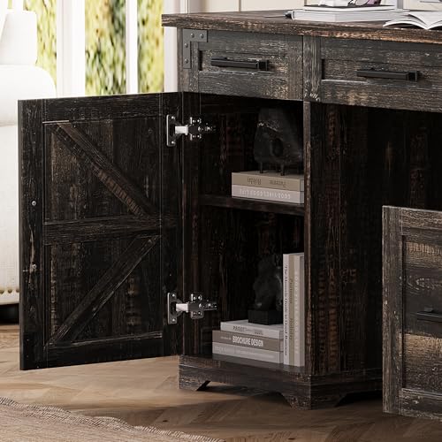 55" Farmhouse Executive Desk with Charging Station & Power Outlet, Home Office Computer Desk with 5 Drawers and Storage Cabinet, Rustic Wood Writing Study Table with File Drawer (Rustic Gray-05) - color: Rustic Gray-05