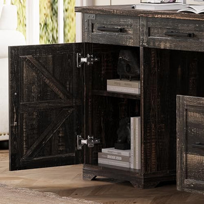 55" Farmhouse Executive Desk with Charging Station & Power Outlet, Home Office Computer Desk with 5 Drawers and Storage Cabinet, Rustic Wood Writing Study Table with File Drawer (Rustic Gray-05) - color: Rustic Gray-05
