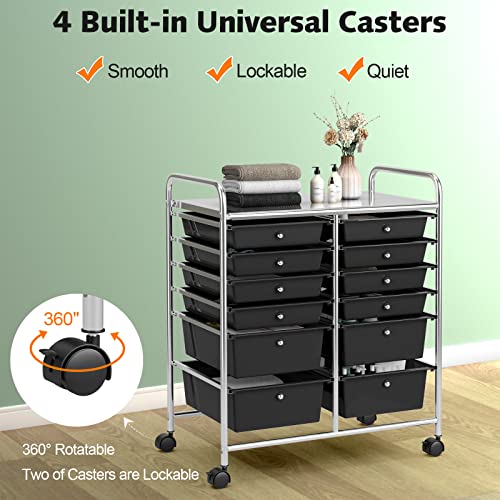 DREAMADE Rolling Cart with Storage Drawers, Utility Cart with Removable Plastic Drawers, Lockable Wheels, Art Cart for Classroom Organization Art Supplies Office Scrapbook (12 Drawers, Black) - color: Black, style: 12 Drawers