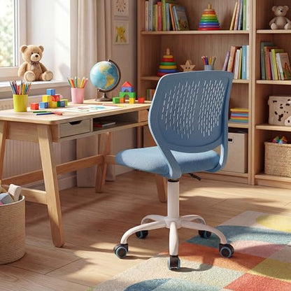 Costzon Kids Desk Chair, Armless Height Adjustable Kids Computer Chair w/Elastic Sponge Filling, Ergonomic Backrest & Sturdy 5-Point Wheels, Children Rolling Swivel Chair for Studyroom (Blue) - color: Blue