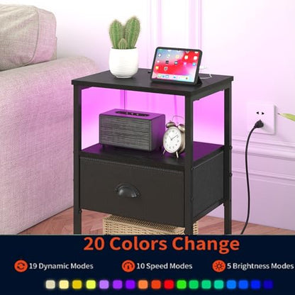 sthmec Nightstands Set of 2, LED Night Stands with Charging Station and Fabric Drawer, Bedside Tables with Drawers, 2- Tier LED Side Tables End Table Charging Station Bedroom, Black - color: Black, style: Power & LED