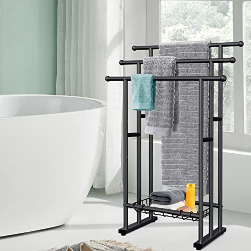 Kayfia 40'' Freestanding 3 Tier Alloy Steel Towel Rack with Storage Basket | Dual-Use Drying & Display Rack, Holds Oversized Bath Towels & Blankets, Fits Bathroom, Tub, Shower, Poolside, Black - color: Black