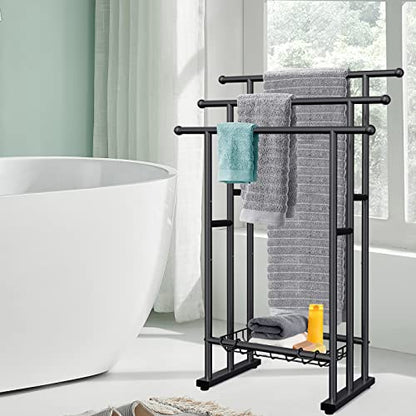 Kayfia 40'' Freestanding 3 Tier Alloy Steel Towel Rack with Storage Basket | Dual-Use Drying & Display Rack, Holds Oversized Bath Towels & Blankets, Fits Bathroom, Tub, Shower, Poolside, Black - color: Black