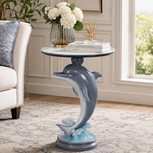 Luxury Dolphin Side Table, White Faux Marble Top Accent End Table, Decorative Animal Sculpture Furniture for Living Room, Bedroom, Entryway Home Decor - color: Dolphin - Slate Grey