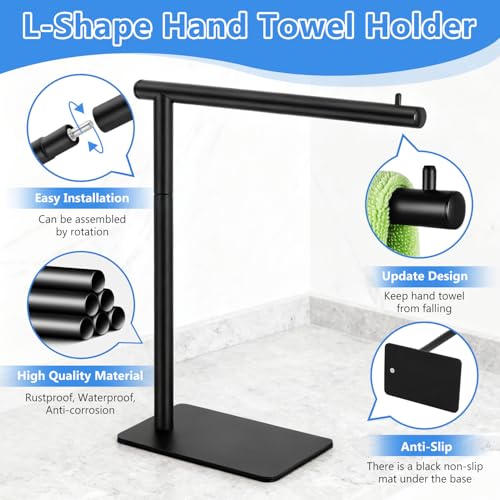 Hand Towel Holder, Stainless Steel Towel Holder Stand for Bathroom, L-Shaped Hand Towel Rack Standing for Vanity Kitchen Countertop, Black