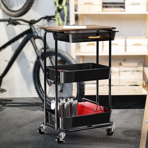 Simple Houseware 3-Tier Rolling Utility Cart with Drawer & Wood Tabletop - Mobile Sofa Side Table, Nightstand, Slim Storage Organizer Trolley for Bedroom, Bathroom, Office & Art Supplies, Rustic Brown - color: Rustic Brown