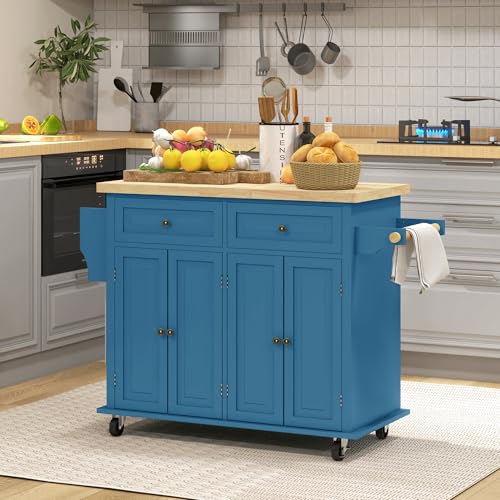 HOMCOM Kitchen Island Cart with Solid Wood Top, 44" Mobile Kitchen Island Table on Wheels with Storage Cabinets, 2 Drawers, Adjustable Shelves, Spice Rack & Towel Bar for Dining Room, Turquoise - color: Turquoise
