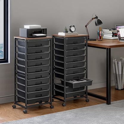 SYKIARIOL Rolling Cart with Drawers,10 Drawer Rolling Cart,Storage Cart,Utility Cart,Teacher Cart for Classroom Storage,Craft Cart with Wheels and Wooden Tabletop,Black - color: Black