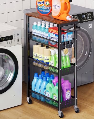 Utility Slim Storage Cart, Skinny Rolling Spice Rack with Table Top, Small Laundry Organizers and Storage Shelves for Between Washer and Dryer, Thin Shelf for Narrow Spaces, 4 Tier Bathroom Cabinet - color: Classic Black, size: 7.1″ Wide