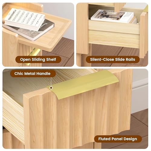 Fluted Narrow Nightstand with Charging Station, Solid Wood Night Stand with 2 Drawers, Natural Mid Century Modern Led Nightstand, Small Beside Table with Open Storage Shelf for Bedroom （10 inch） - color: Natural