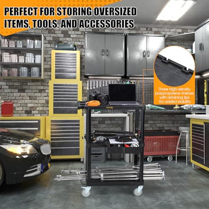 ELAFROS Heavy Duty Utility Cart, 27.5 x 18.25 Inch, 3-Tier Rolling Cart, Industrial Plastic, 330 lbs Capacity, Flat Top Shelves with Swivel Wheels - Multipurpose Work Cart - style: Standard