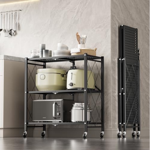 Simple Deluxe 3-Tier Folding Storage Shelves, 27.95" W x 14.96" D x 34.25" H Foldable Shelving Unit, 750 Lbs Loading Capacity, Black - size: 3-Tier, 28"W x 15"D x 34"H