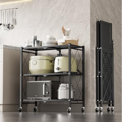 Simple Deluxe 3-Tier Folding Storage Shelves, 27.95" W x 14.96" D x 34.25" H Foldable Shelving Unit, 750 Lbs Loading Capacity, Black - size: 3-Tier, 28"W x 15"D x 34"H