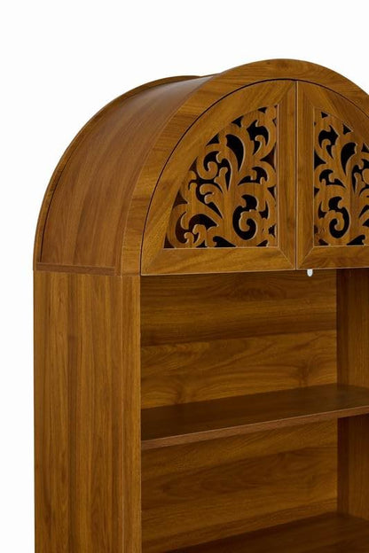 66.9" Tall Arched Display Cabinet with Hand-Carved Door and Shelves, 5-Tier Bookshelf Modern Farmhouse Arched Bookcase, Wooden Open Floor Arched Book Shelf for Living Room, Office, Walnut Finish - color: Walnut 66.9"