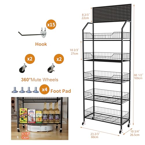 5 Tier Supermaket Snack Rack Display Stand, Retail Display Shelves with Hooks & Wheels, Metal Snack Shelf for Store Home Kitchen, Black Chip Rack Display Stand (5 Tier（60cm）) - size: 5 Tier（23.6inch）