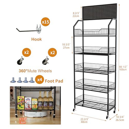 5 Tier Supermaket Snack Rack Display Stand, Retail Display Shelves with Hooks & Wheels, Metal Snack Shelf for Store Home Kitchen, Black Chip Rack Display Stand (5 Tier（60cm）) - size: 5 Tier（23.6inch）