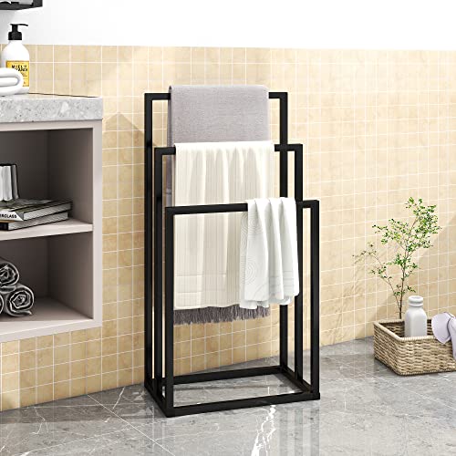 Metal Towel Racks 3 Bars for Bathroom Freestanding Drying Shelf 3 Tier Storage Organizer Washcloths Holder (Black)