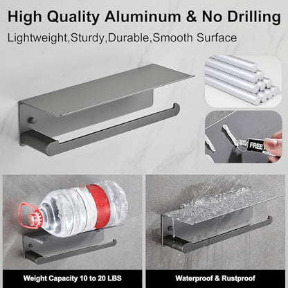 DUFU Paper Towel Holder with Shelf for Kitchen, Grey | Paper Towel Holder Wall Mount for Bathroom, Self-Adhesive Anti-Rust Aluminum, No Drill or Wall-Mounted with Screws - color: Gray