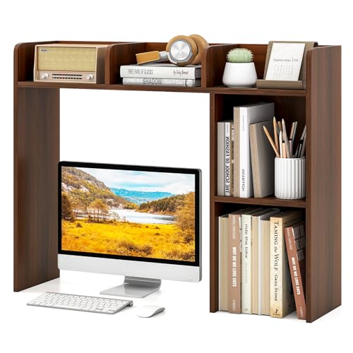 Tangkula Desktop Bookshelf, Countertop Storage Hutch with Shelves for Computer Desk, Desk 3-Tier Display Rack, Multipurpose Wood Desktop Hutch Storage Organizer for Dorm Office (Walnut) - color: Walnut, size: 5 Shelves
