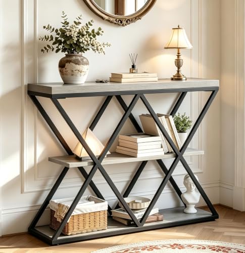 Garvee 3 Tier Console Table,39" Industrial Entryway Table,Open Wood Shelves | Sofa Table,Narrow Wood Accent Tables with Metal Frame for Hallway,Living Room,Behind Couch,Foyer,Entrance,Gray - color: Gray + X-shaped