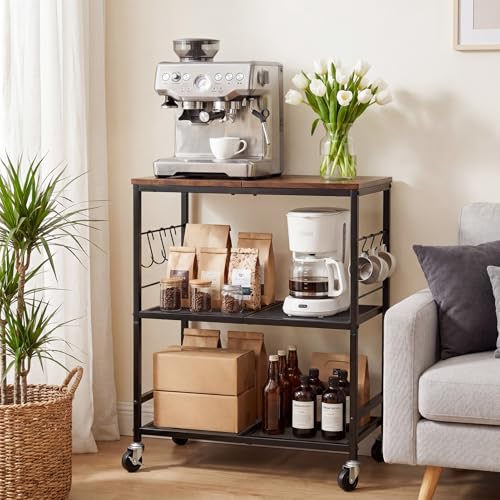 Rolling Kitchen Microwave Cart, 3-Tier Cart with Lockable Casters, 6 S Hooks for Towels, Rolling Kitchen Storage Rack, Space Saving Stand for Small Kitchen, Apartment, Coffee Bar - color: Black