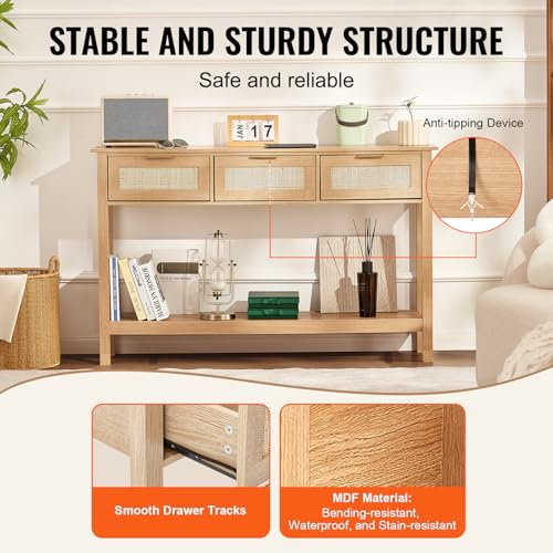 VEVOR Rattan Console Table with 3 Storage Drawers, Rattan Entryway Table with Natural Rattan Sliding Door, Console Sofa Table for Living Room, Study, Entryway Or TV Wall, Natural - size: 3 Drawers