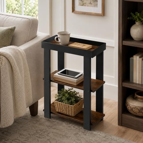 Narrow Side Table, 3-Tier Side Table, Rustic Farmhouse Narrow End Table with Storage, Slim Table Nightstand for Small Spaces, Bedroom or Living Room (Rustic Brown) - color: Rustic Brown