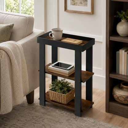 Narrow Side Table, 3-Tier Side Table, Rustic Farmhouse Narrow End Table with Storage, Slim Table Nightstand for Small Spaces, Bedroom or Living Room (Rustic Brown) - color: Rustic Brown